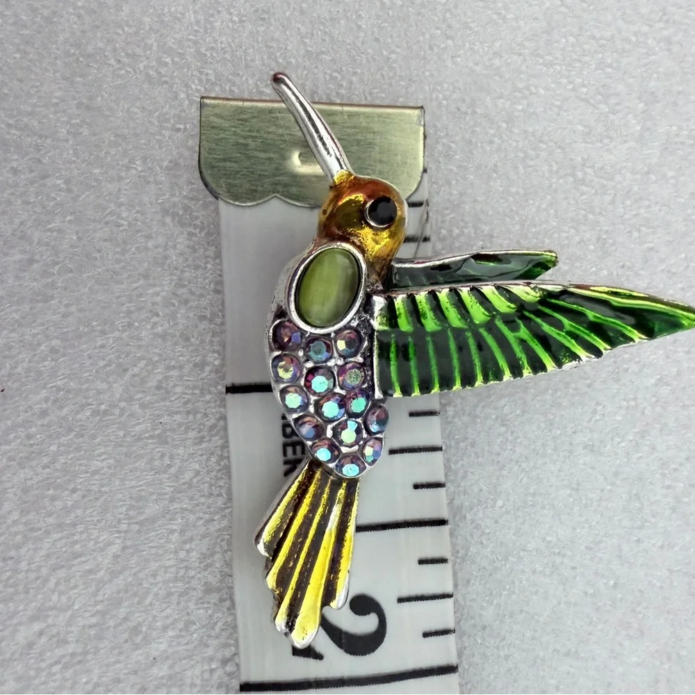 Decorative Green Hummingbird Bird Pendant - Enamel & Crystal Accent